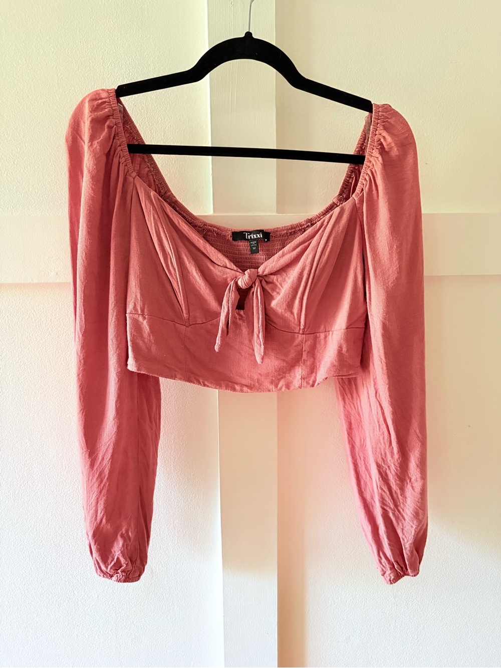 Trixxi Dusty Pink Long-Sleeve Tie-Front Crop Top